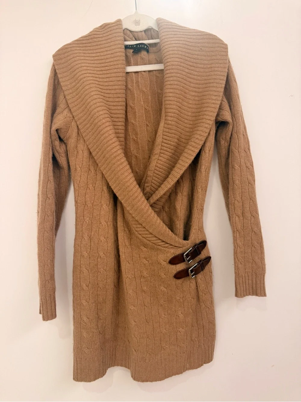 Ralph Lauren Tan Cashmere Cable-Knit Shawl Collar Cardigan with Buckle Tabs